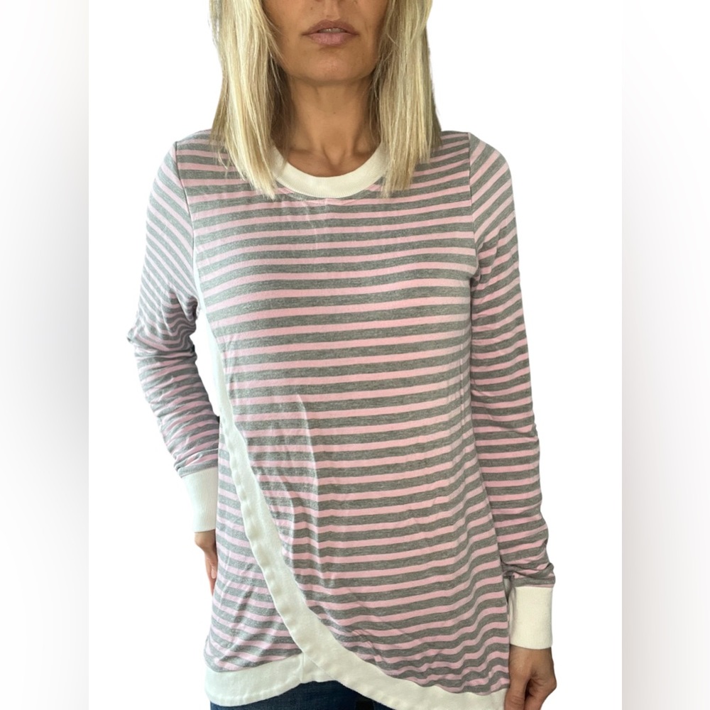 Latched Mama, Pink and Gray Stripe Breastfeeding Top. Size Small.